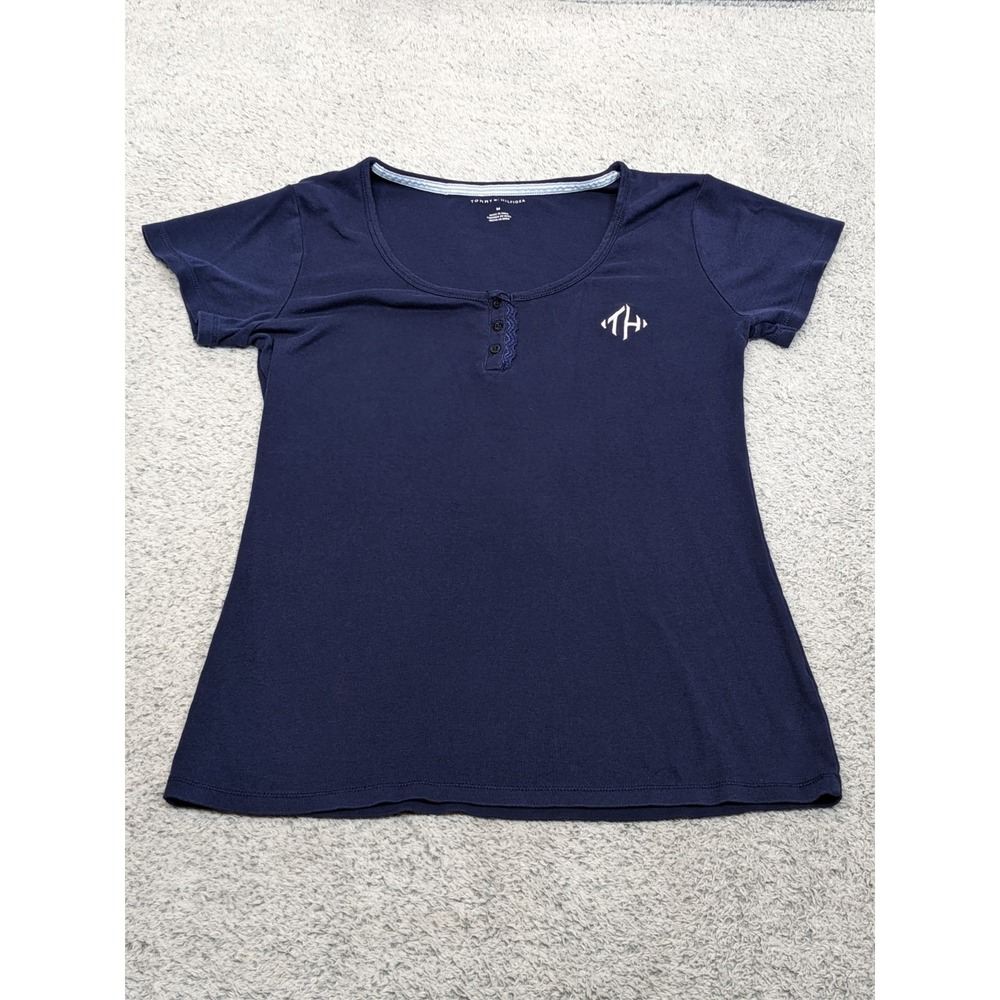 Tommy Hilfiger Women's Navy Blue Henley T-Shirt Medium TH Logo Lace Trim Casual‎